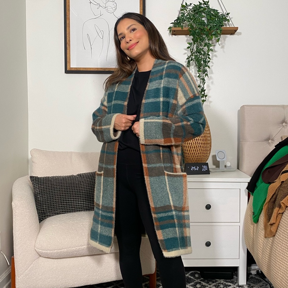 Cozy Plaid Open-Front Cardigan Sweater - Teal & Cream